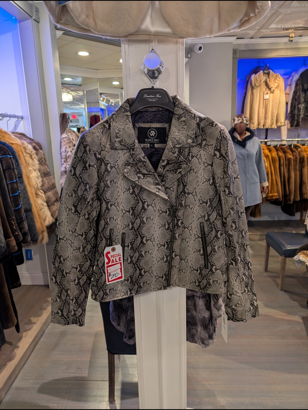 Snake-Print Real Leather Moto Jacket - Gray